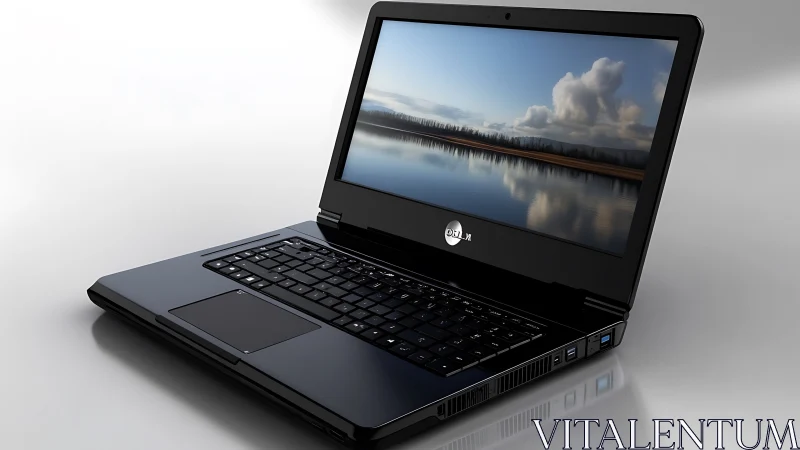 Black laptop with reflective display on glossy surface.