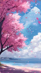 Cherry blossom coastline under bright spring sky.