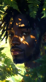 Male portrait framed by foliage and dappled sunlight.