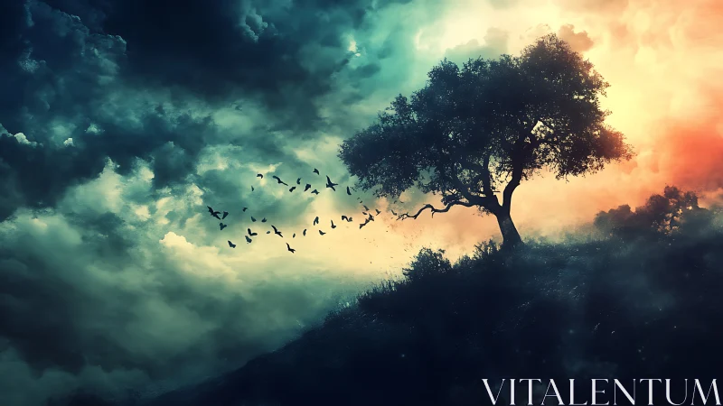 Lone hillside tree with birds under contrasting sky light.