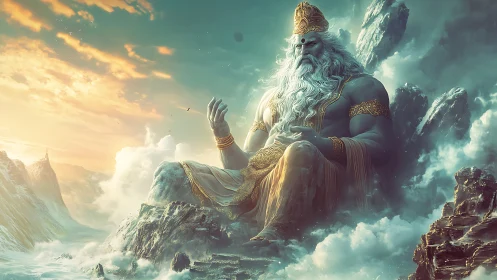 Colossal bearded deity sits on rocky throne amid clouds
