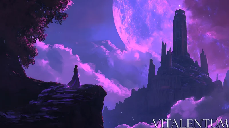 Solitary robed figure overlooking distant lunar citadel.