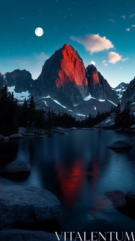 Mountain peak glows red above alpine lake at blue hour