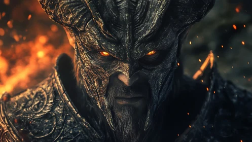 Infernal horned warlord in molten armor with ember eyes.