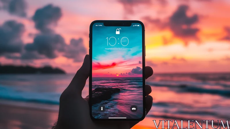 Sunset Landscape Reflected on Smartphone Lock Screen Display.