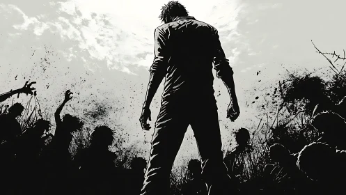 Lone survivor confronts encircling horde in stark monochrome field