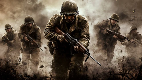 Infantry squad advances through smoke with motion-blurred debris