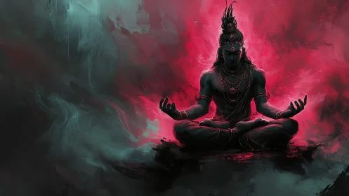 Seated blue figure in meditation amid red and teal haze.