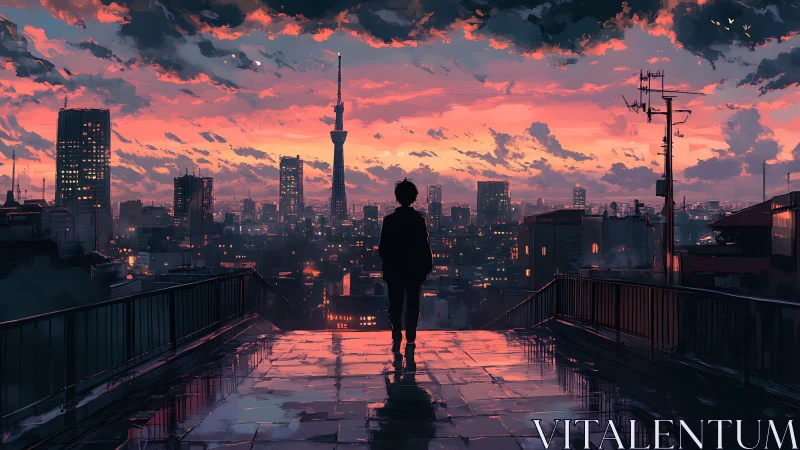 Digital painting cityscape with silhouetted rooftop figure at dusk.