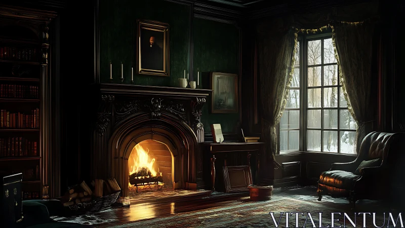 Photorealistic Victorian study with ornate fireplace interior design.