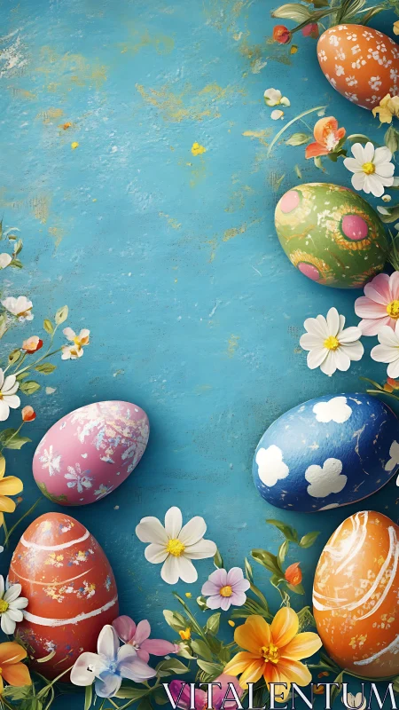 Digital painting of Easter eggs with floral border on teal ground.