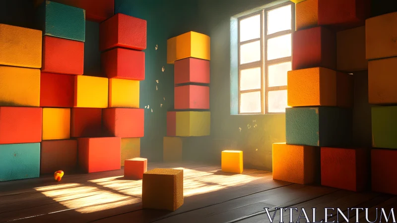 Sunlit fortress of toy blocks in a quiet, dust-dancing room.