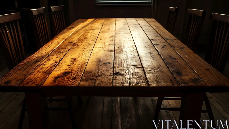 Golden evening light warms a rustic wooden dining table