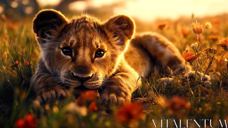 Lion cub rests in warm sunset grassland field