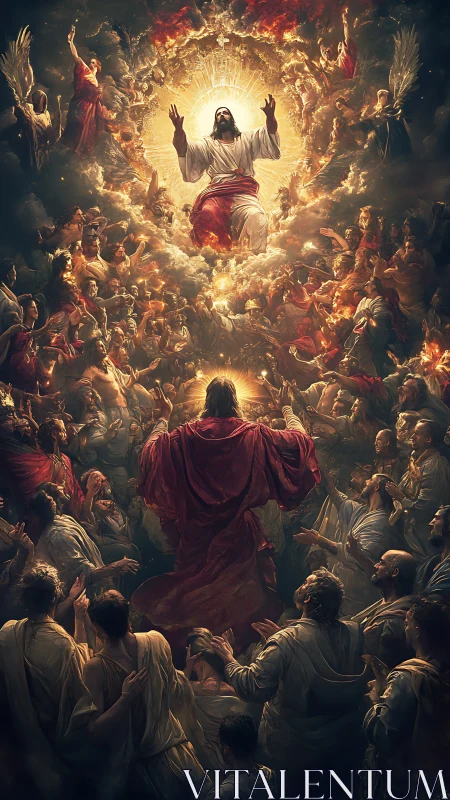 Vertical celestial ascension tableau with radiant divine focal point