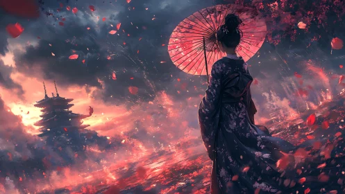 Woman with parasol near pagoda in stormy dusk landscape.