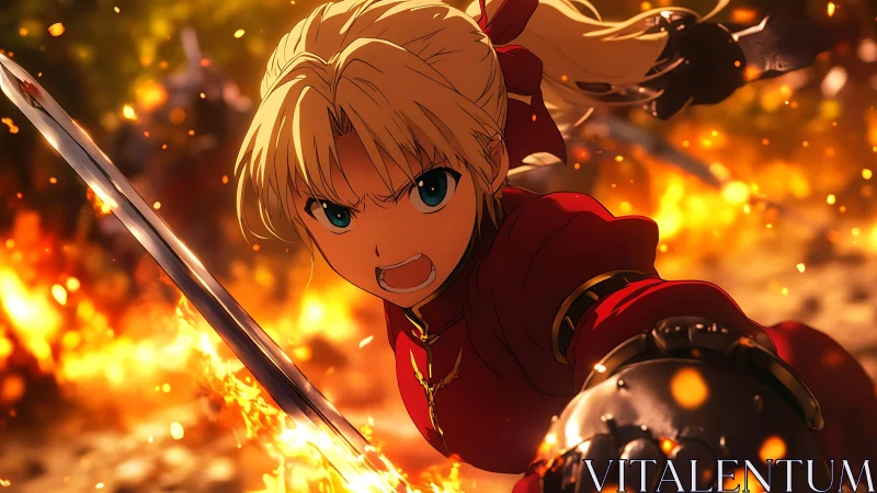 Anime swordswoman charging through blazing battlefield flames.