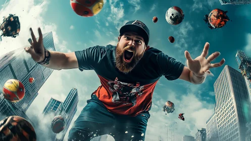 Bearded man falls toward camera amid floating fireballs