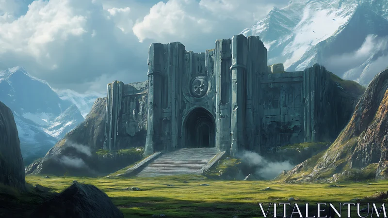 Monolithic mountain gate rendered in cinematic fantasy detail