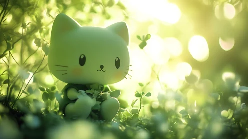 Sunlit toy kitten pauses to cradle tiny forest blossoms