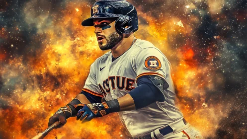 Houston Astros batter in motion with fiery cosmic backdrop.