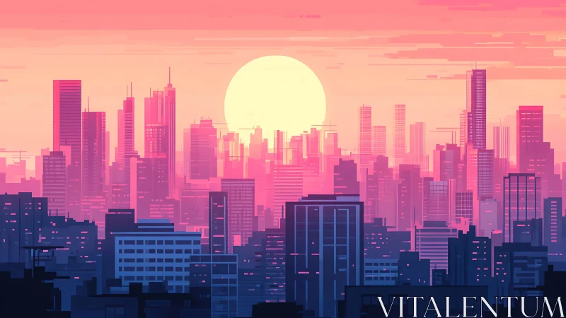 Neon pixel skyline under saturated sunset gradient glow.
