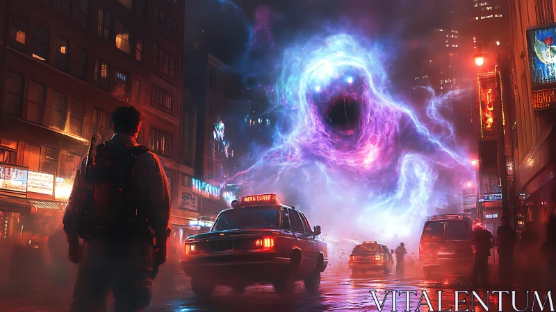 Neon vortex entity engulfs wet city street in cinematic standoff