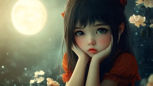 Moonlit portrait of stylized girl with soft bokeh depth rendering
