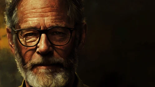 Weathered scholar in ember light, half-shadowed wisdom gaze.