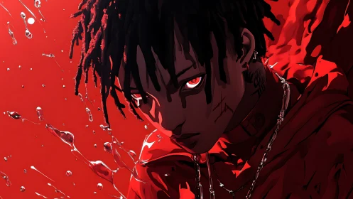 Intense red-eyed figure in dynamic splash-lit digital portrait