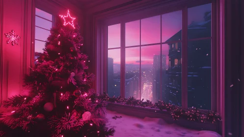 Cozy pink Christmas tree glowing over a dreamy city view.