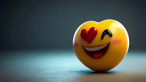 Yellow heart emoji object with heart eye on plain surface.