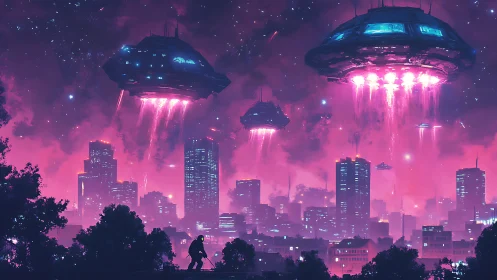 Neon magenta city skyline under descending UFO fleet and energy beams