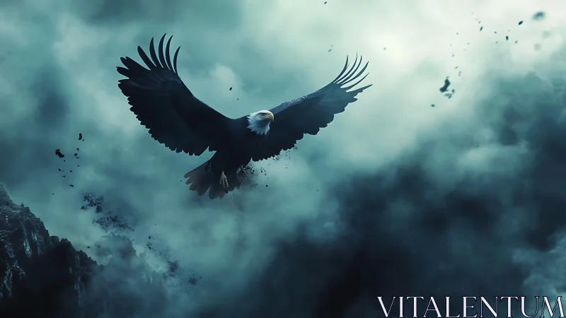Majestic Bald Eagle Soaring Through Moody Storm Clouds, Digital Art.