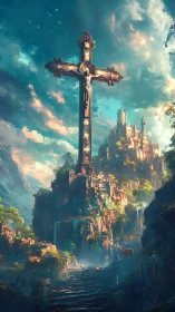 Monumental crucifix overlooking terraced cliffside citadel at dawn