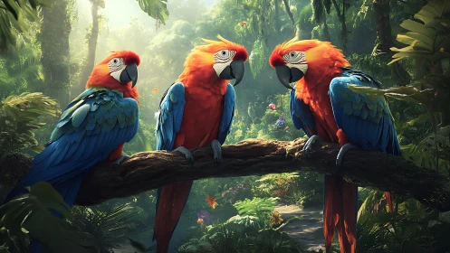 Three Scarlet Macaws on a Branch in a Lush Tropical Rainforest.