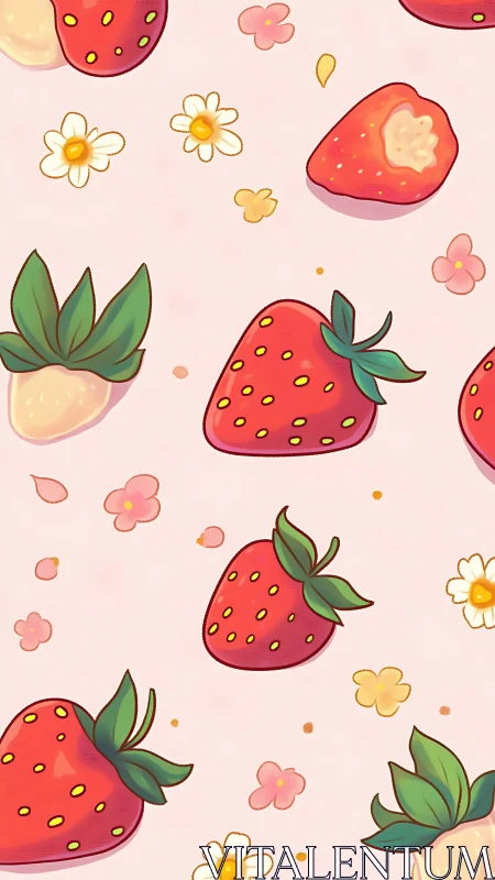 Playful strawberry and floral seamless pastel pattern design.