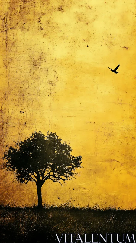 Solitary tree silhouette stands beneath textured yellow sky