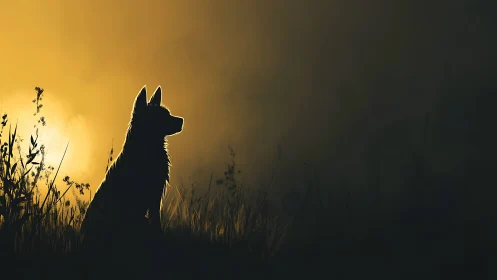 Dog silhouette against golden sunset field horizon.