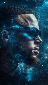 Profile portrait integrates with blue cosmic particle field