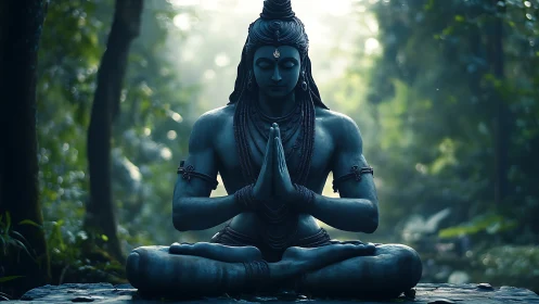 Forest-lit blue deity in tranquil meditative stillness.