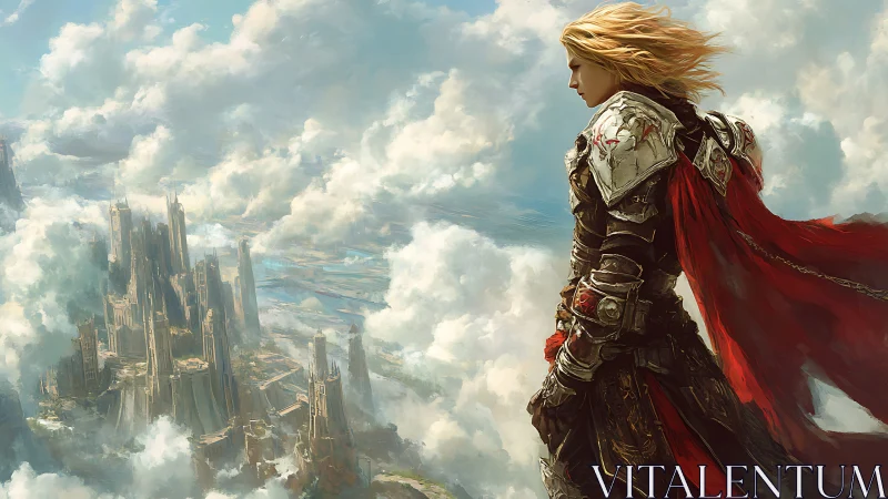 Skyward guardian watching a drifting kingdom of clouds.