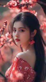 Woman in floral dress stands among soft pink blossoms