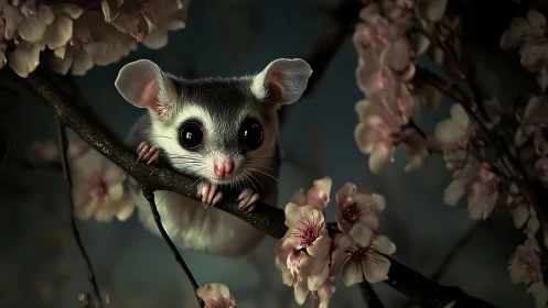 Digital painting of nocturnal rodent amid dusky blossoms.