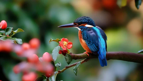 Vibrant Blue Kingfisher on Branch with Red Flowers, Nature Photography.