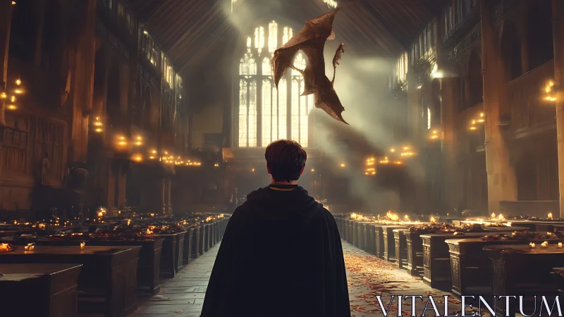 Cloaked youth facing dragon in vaulted torchlit grand hall