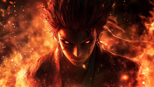 Fierce ember-eyed warrior crowned in storming firelight.