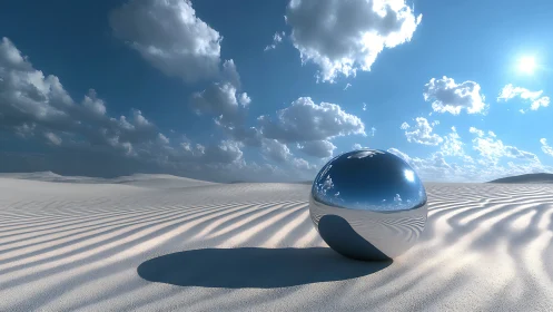 Mirror-smooth desert sphere cradling sky and drifting clouds.