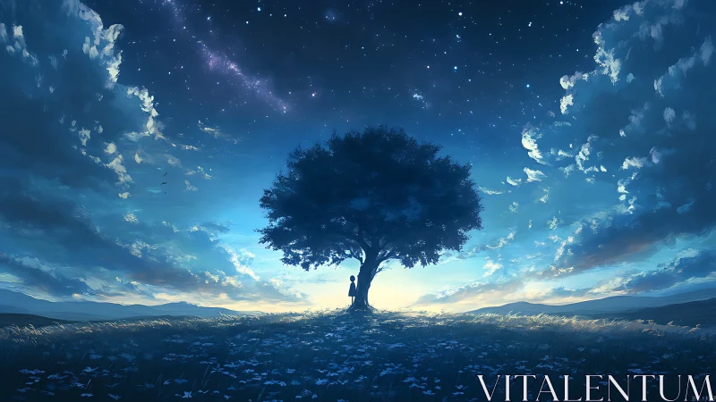 Solitary tree and child under starry twilight sky.