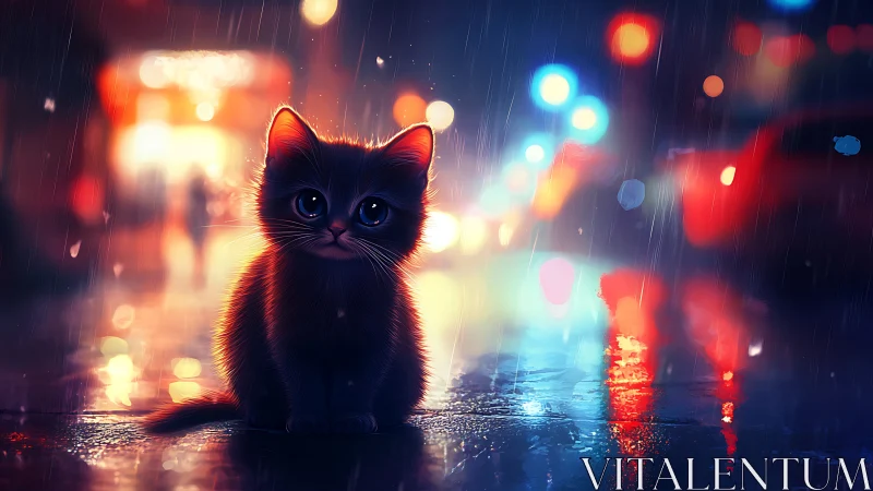 Lonely kitten on rainy neon city street at night scene.